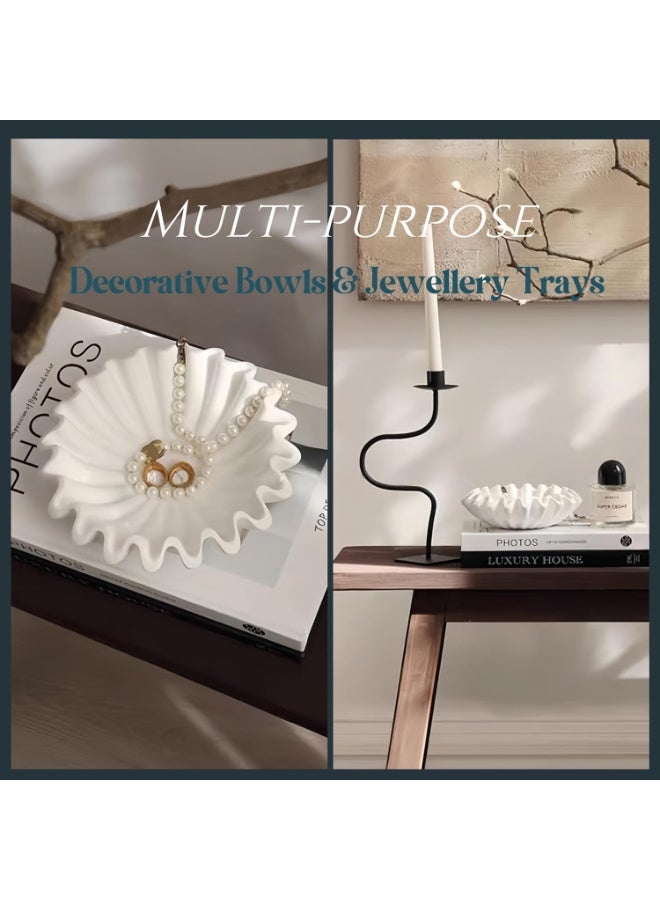 YelaJoy White Ruffled Fluted Decorative Bowl, 5.9 Inch Wavy Edge Organic Modern Home Decor Tray, Multi‑Purpose Jewelry Trinket Dish, Decorative Flower Bowl for Coffee Table Bookshelf Room Accent - Image 2